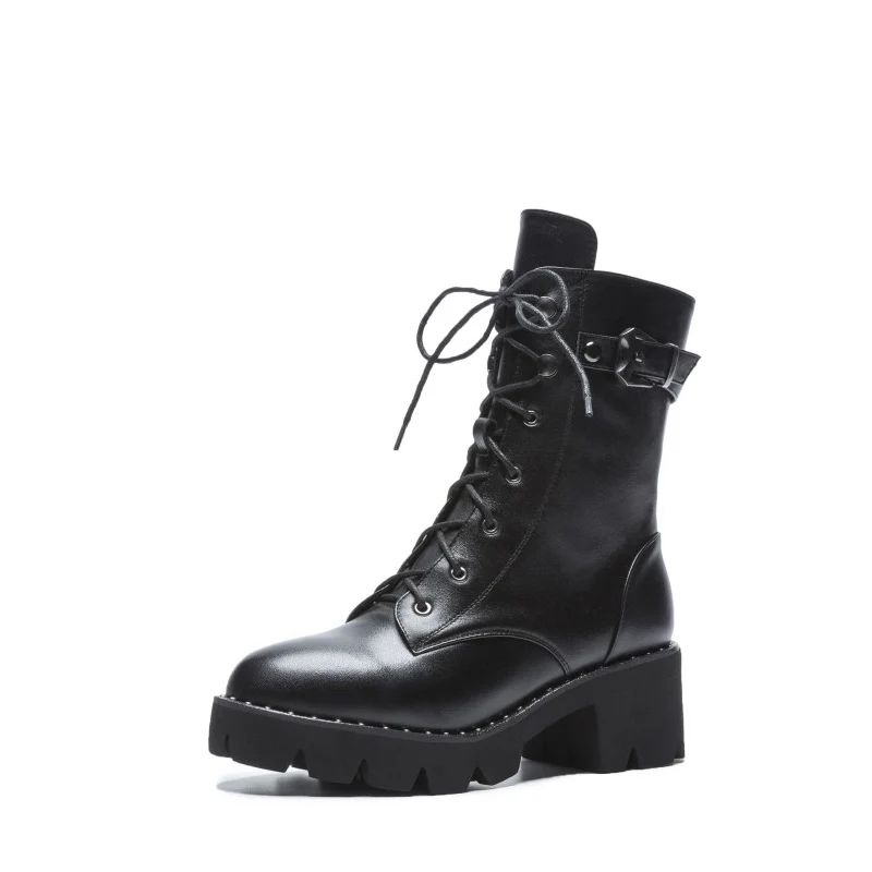 

New Motorcycle Boots with Buckle Rivet Booties with square Thick Heels Genuine LeatherWomen Boots for Spring Autumn Winter Boots