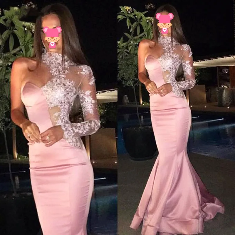 Прозрачные вечерние наряды с длинным рукавом robe de soiree русалка розовые вечерние платья на одно плечо бисером Кружева vestido de festa longo