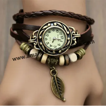 

100pcs/lot Hot Promotion New Fashion Retro Style Wrist watches PU Leather Leaf Pendant Woman Weave Bracelet Dress Watches