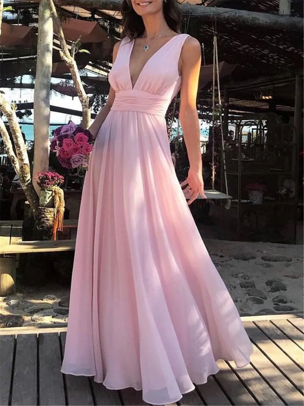 Элегантное розовое шифоновое платье для подружки невесты с v-образным вырезом трапециевидной формы длиной до пола, длинное торжественное платье, недорогое свадебное торжество