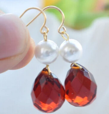 

free shipping 13378 red Teardrop faceted crystal white round pearl dangle earring