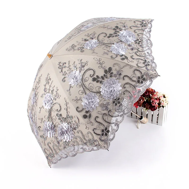 

High-grade Russia Double layer lace umbrella Vinyl sunscreen Two fold embroidery umbrella woman fashion Sunshade Vinyl umbrella