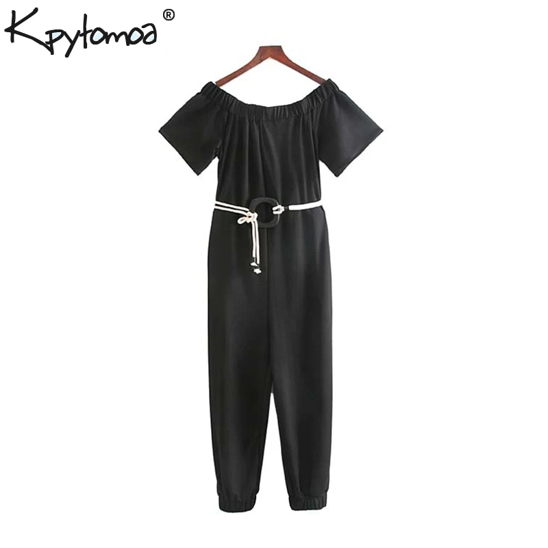 

Vintage Stylish Solid With Sashes Jumpsuits Women 2019 Fashion Slash Neck Short Sleeve Ladies Rompers Casual Bodysuits Femme
