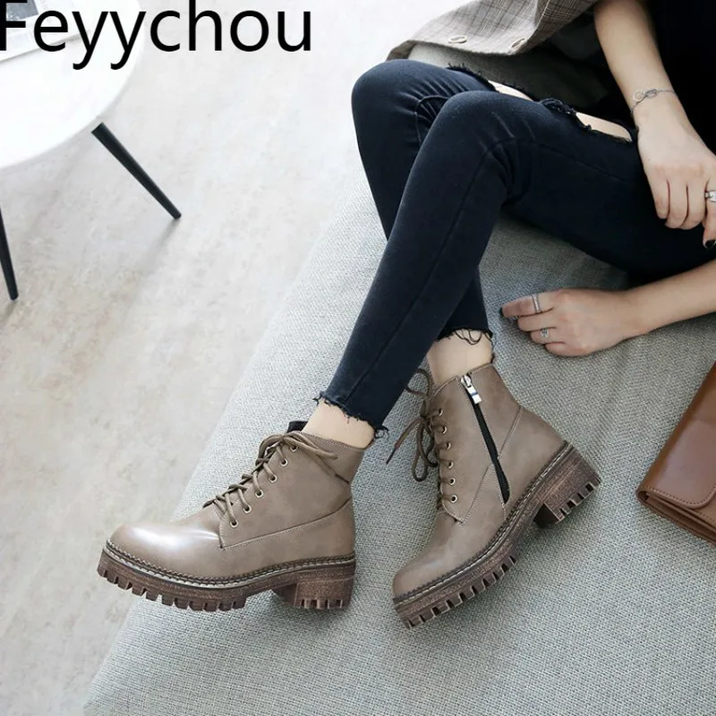 

Women Boots Autumn Winter Warm Med Heel Pu Lace Up Zip Platform 2018 Vintage Martin Boots Thick Foundation Thick Heels Black