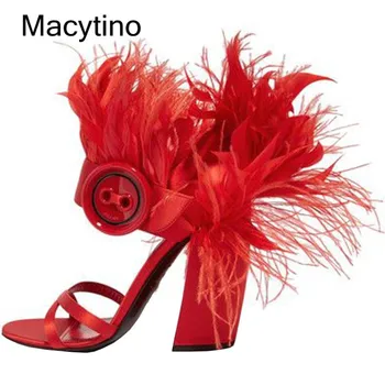 

Puffy Feather Sandals Block Heel Satin High Heel T-show Shoes Women Prom Party Shoes Pink Wedding Pumps