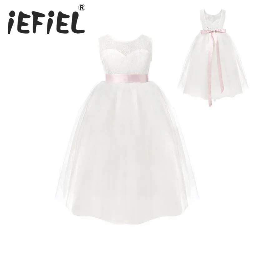 Белые Платья с цветочным узором для девочек; Свадебные платья с рукавами-крылышками; кружевное платье с поясом и бантом для дня рождения для девочек; пышное платье из тюля на молнии