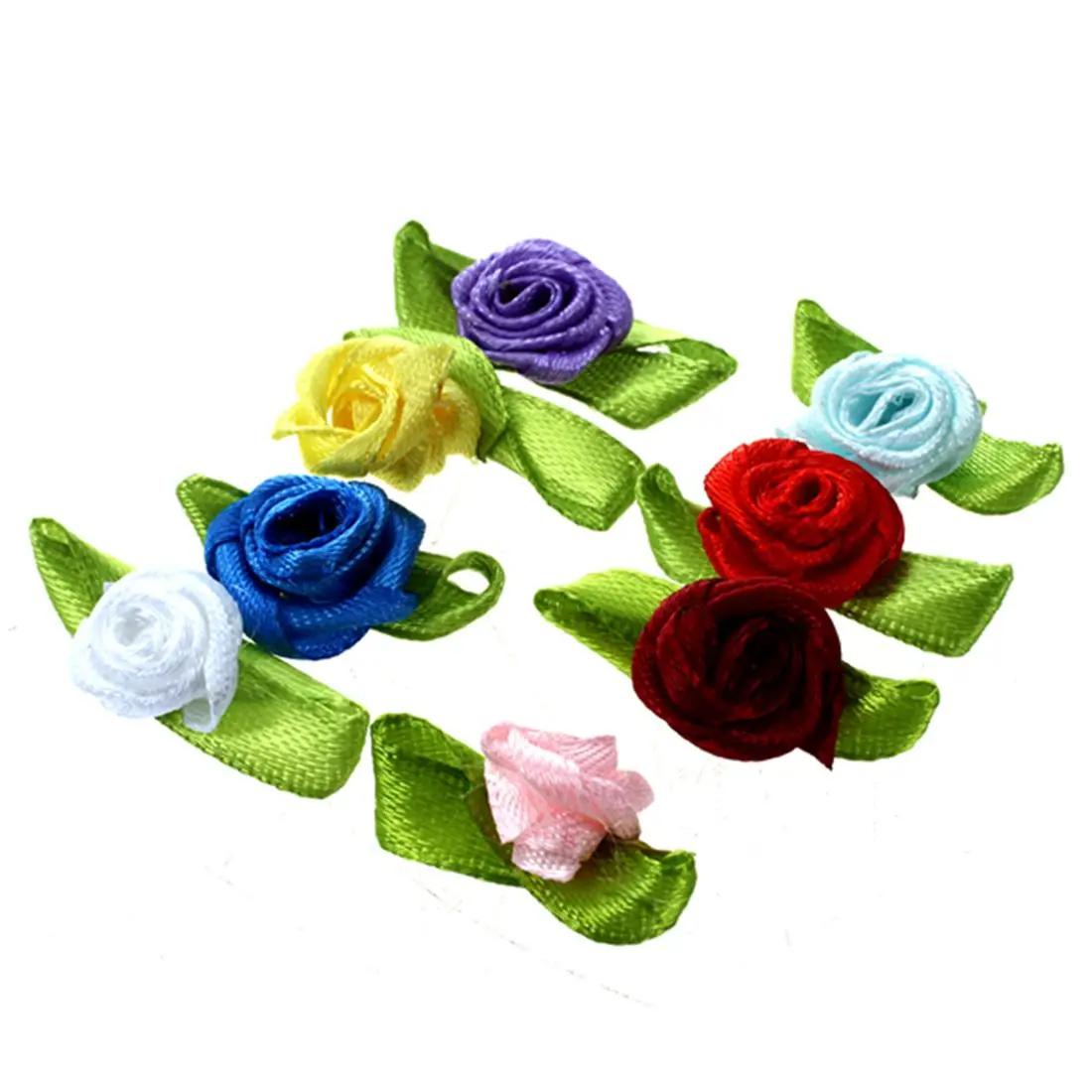 Hot 100pcs Mini Satin Ribbon Rose Flower Leaf Wedding Decor Appliques