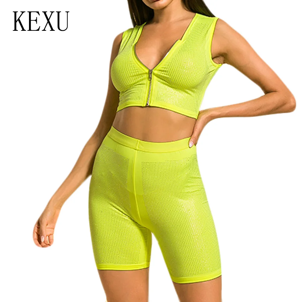 

KEXU Sparkly Diamond Two Pieces Sets Deep V-neck Zipper Top and Short Bodycon Pants Women Summer Luxury Party Matching Jumpsuits