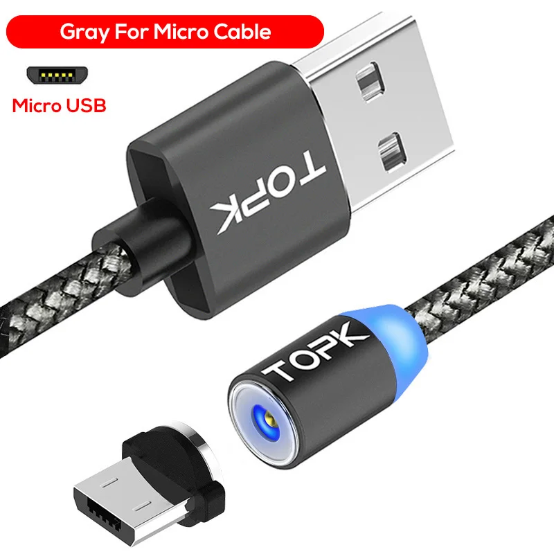 TOPK AM17 светодиодный магнитный USB кабель/Micro USB/type-C для iPhone X Xs Max магнитное зарядное устройство для samsung Xiaomi Pocophone USB C - Цвет: Micro Cable Gray