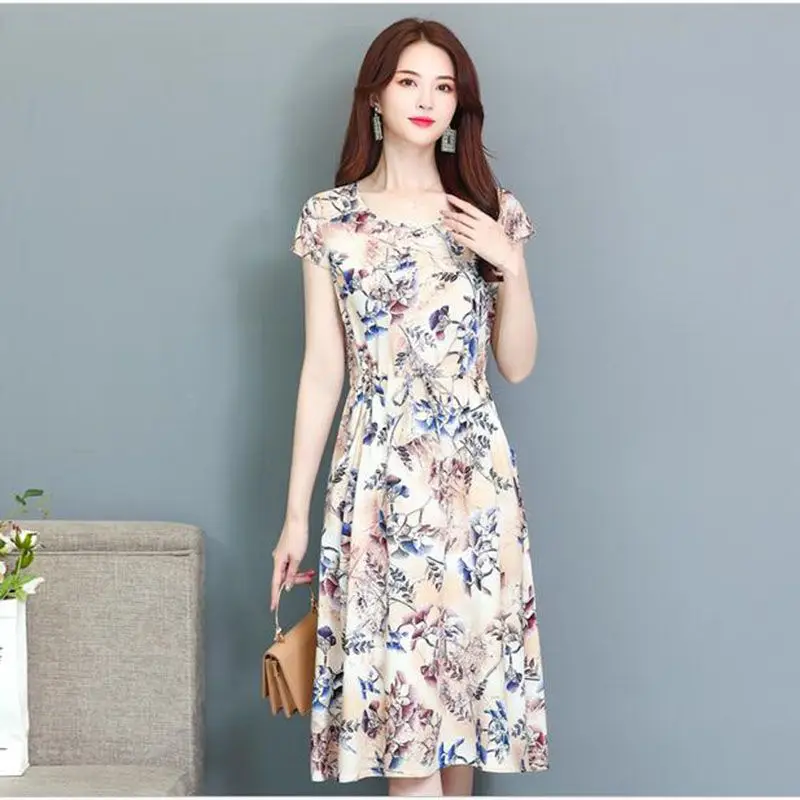 

2019 Summer Middle-aged Mother Loose Comfortable Ccotton Print Round Neck Short Sleeve Plus Size 5XL Beach long Dress CM067