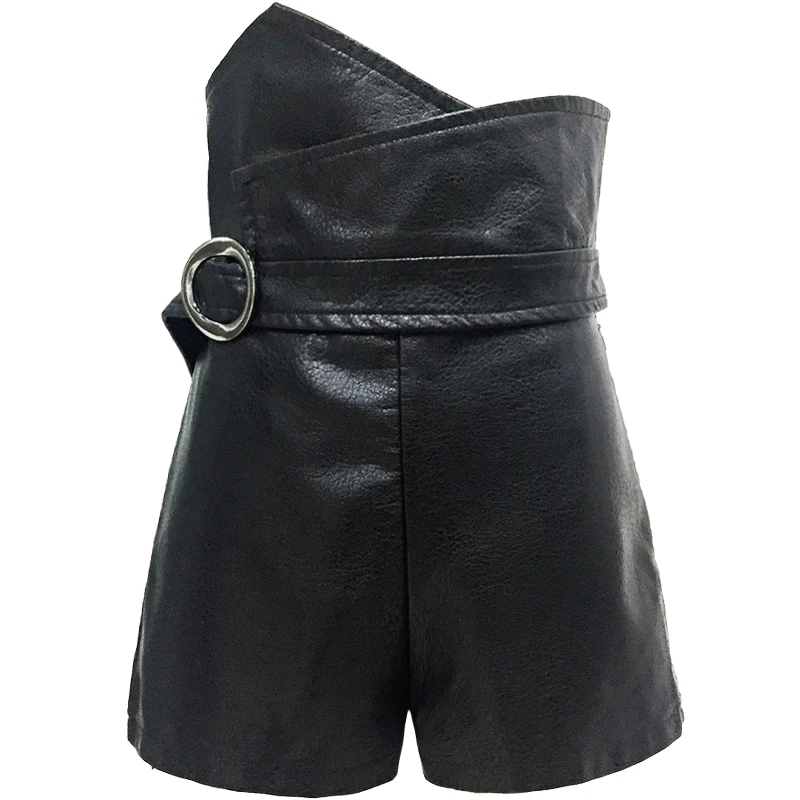 

PU Leather High Waist Shorts For Women Irregular Slim Black With Belt Winter Women's Shorts Fashion Casual