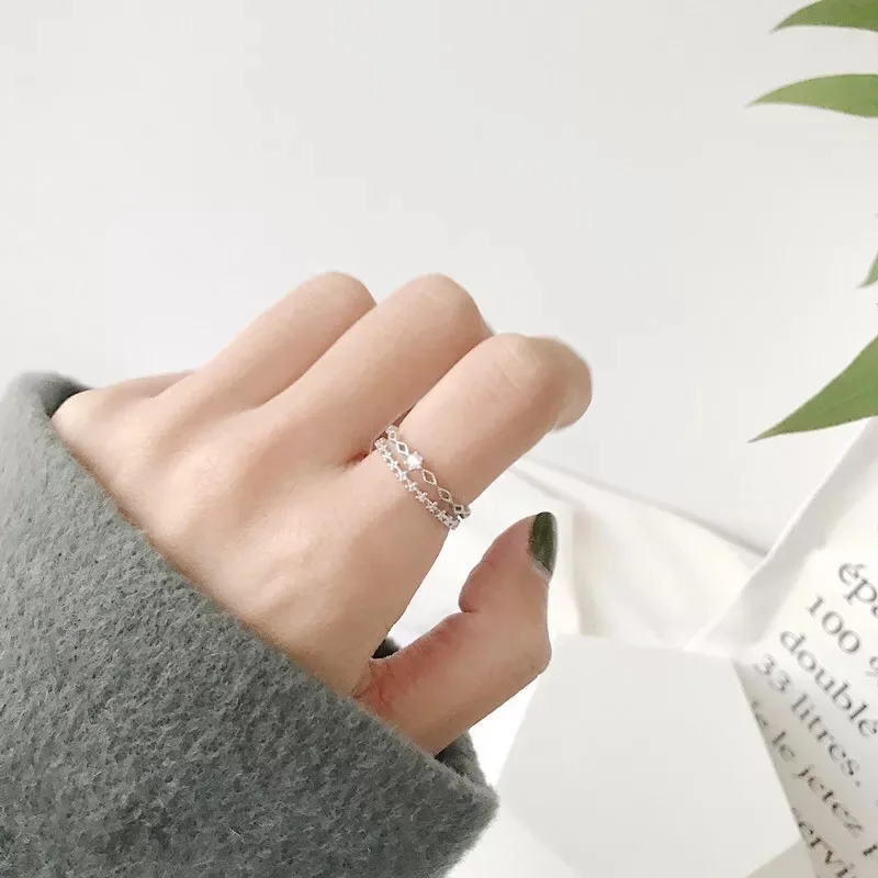 

925 sterling silver ring with zircon double-layer ring fashion personality simple female girl silver hand jewelry