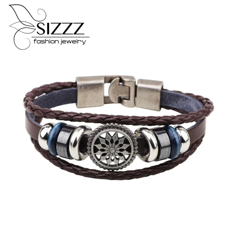 

Fashion Jewelry Sun Flower Alloy Rock Bikers Beaded Leather Bracelet Men Casual Vintage Punk