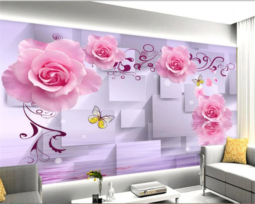 Kustom 3D Wallpaper Mural Mawar Merah Muda Romantis Bunga Refleksi