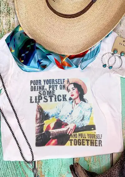 

Plus Size Summer Women White T-Shirt Vintage Pour Yourself A Drink Korean Top Femme Short Sleeve Harajuku Korean Kawaii tshirt