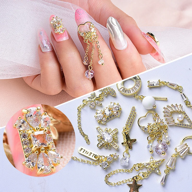 

Zircon Nail Art Decoration Rhinestones Gold Color Shiny Crystal Heart Patterns 3D Nail Art Chains Tools For Nail DIY Design