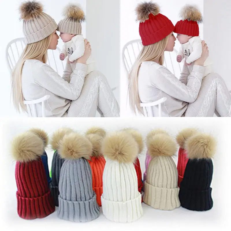 

1pc Mother Child Baby Toddler Kids Girls Boys Warm Hat Winter Beanie Knitted Cap Warm Winter Knit Fur Crochet Pompon Winter Caps
