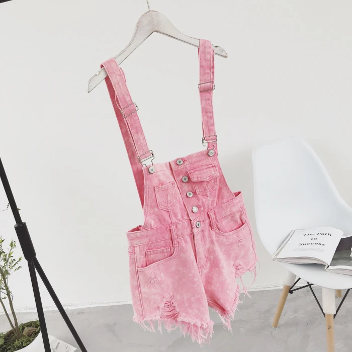 2018 new Korean college wind age denim strap shorts female wild thin students hole suspenders tide (11)