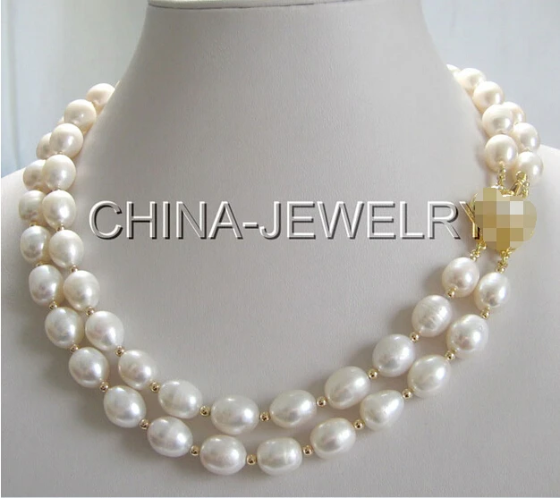 

fast AAA 2row 18-19" 11-12mm white rice baroque freshwater pearl necklace-GP clasp NEW