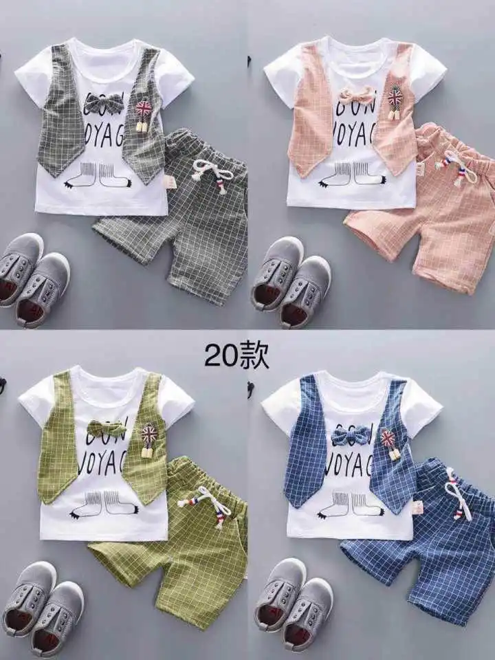

Summer Baby Girls Boys Shorts Clothes Suits Cartoon Infant Toddler Suits Casual Plaid Shorts T Shirt+ Pants Children Kids Suits