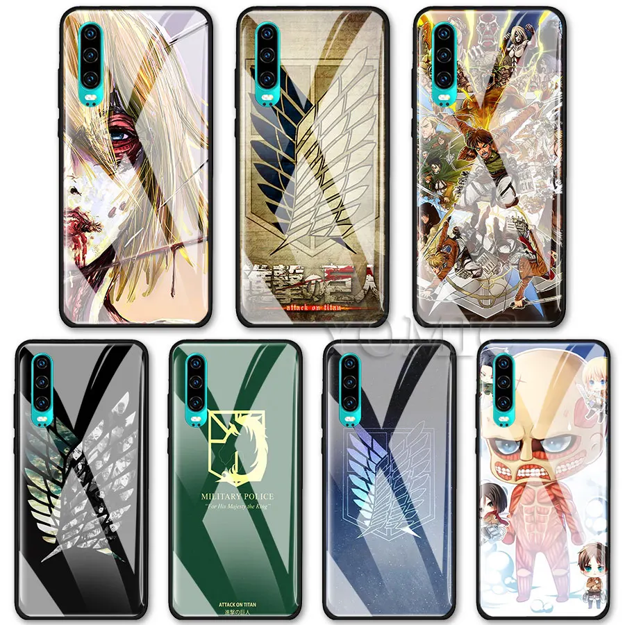 

Tempered Glass Case for Huawei P10 P20 P30 Pro Mate 10 20 Lite Honor 8X 20 Pro Cover Anime Japanese attack on Titan Luxury Case
