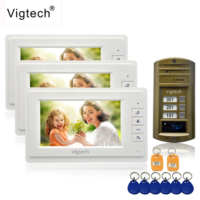 Vigtech 7'' color video door phone 3 monitors with 1 intercom doorbell can control 3 houses for multi apartment RFID Camera