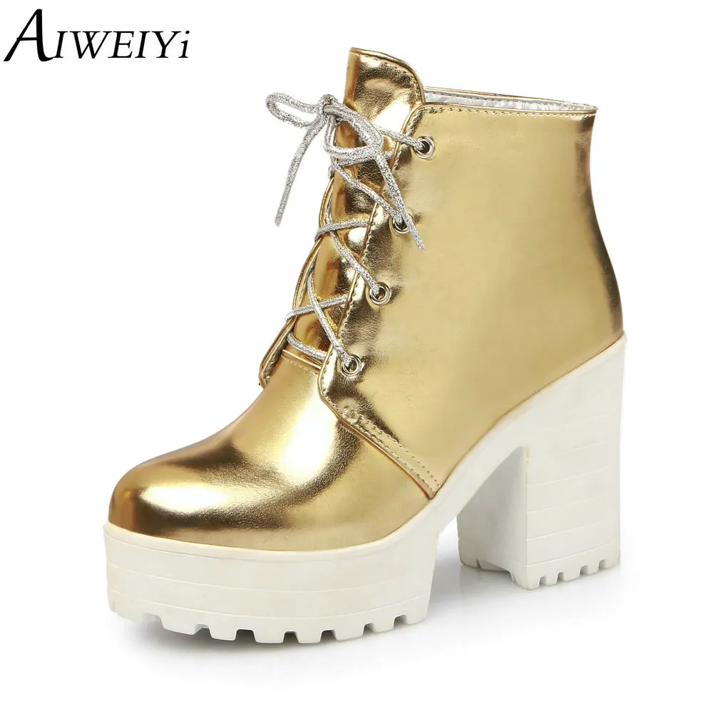 

AIWEIYi Fashion Women's Lace Up Ankle High Boots Combat Punk Ankle Martin Boots Shoes Gold Silver Spring Fall Winter Women Shoes