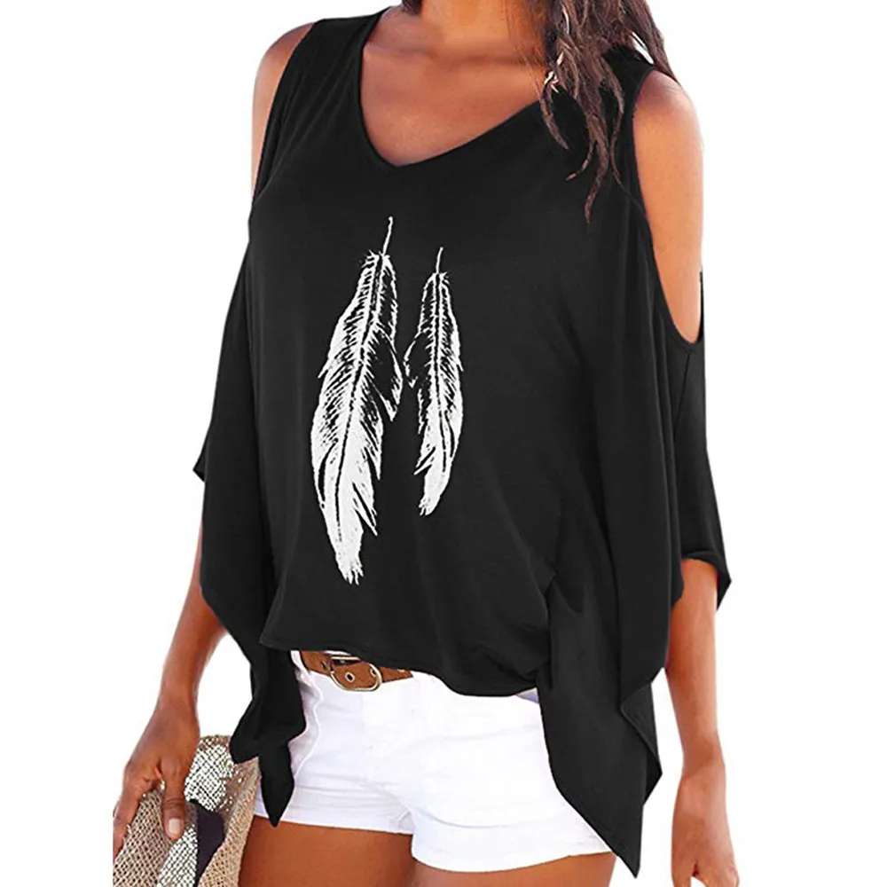 

Plus Size Womens Tops and Blouses Autumn 2018 Cold Shoulder Ladies Top Vintage Feather Print Long Sleeve Blouse Woman Clothes