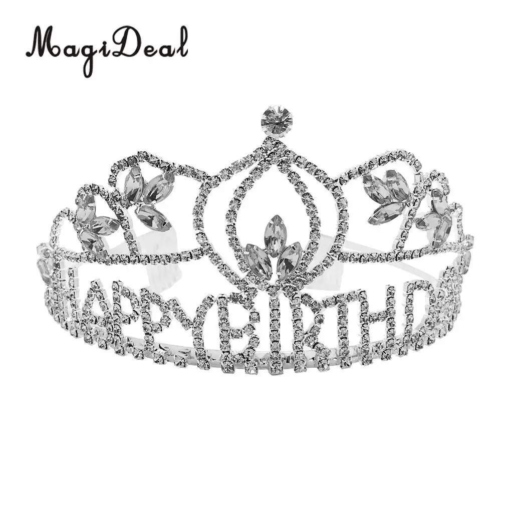 

MagiDeal Delicate Happy Birthday Princess Crown Rhinestone Crystal Silver Head Decor Tiara