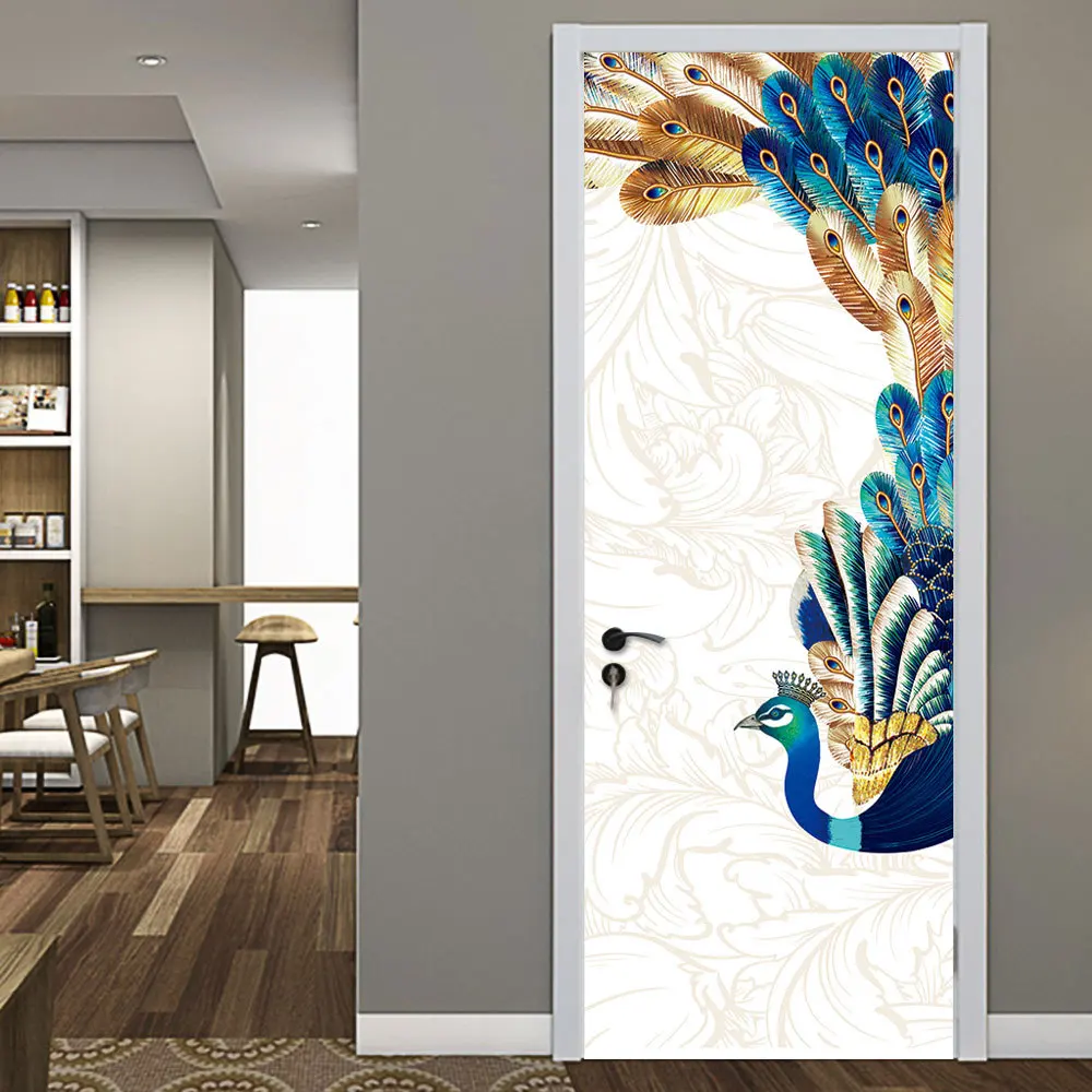 77x200 см 3D наклейки на дверь с изображением павлина для гостиной, спальни, Langscape, виниловые непромокаемые обои, клейкая наклейка для домашнего декора
