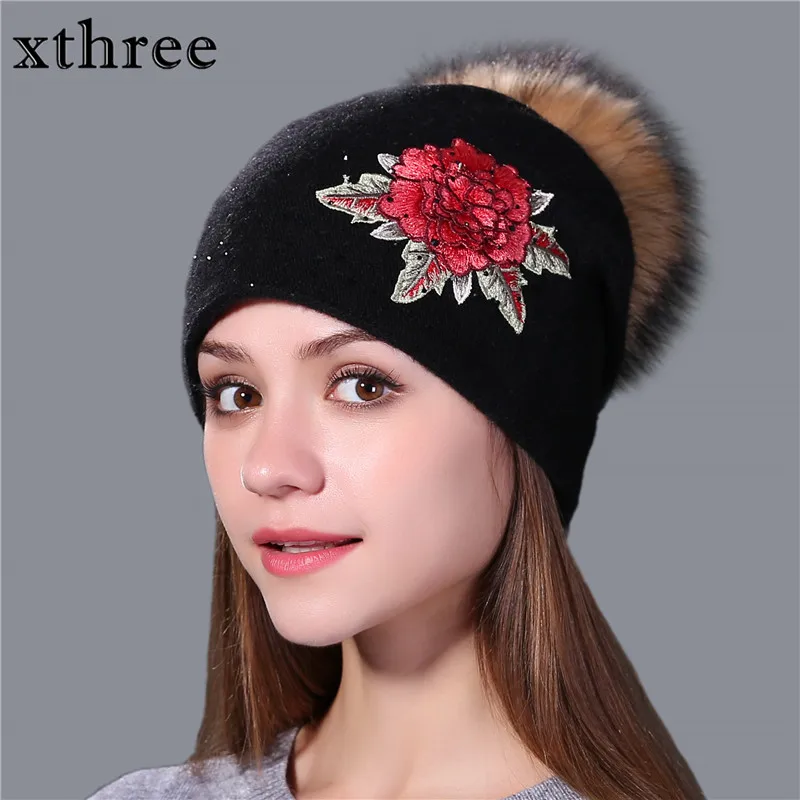 

Xthree new beanie women winter hat for women wool knitted hat Female cap embroidery real mink fur pom pom girl Skullie hat