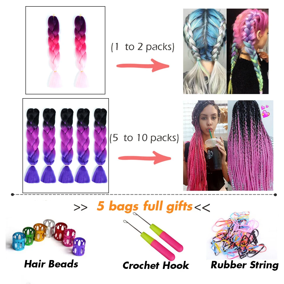 Для женщин 24 дюйма крючком Косы 100 г/шт. длинные, радужной расцветки, на крючках, косички, синтетика, наращивание волос плетением Шапки BUQI
