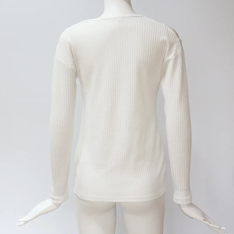 Pullover V-Neck Cold Shoulder Sweater Winter Clothes Women Rib Knit Long-Sleeved Top Casual Pure Color Clothes Autumn Female (18)