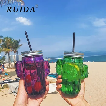 

Ruida Creative Small Fresh Cactus Shape Straw Glass Cup High Temperature Resistant Fruit Teacup Summer Transparent Glass Cup