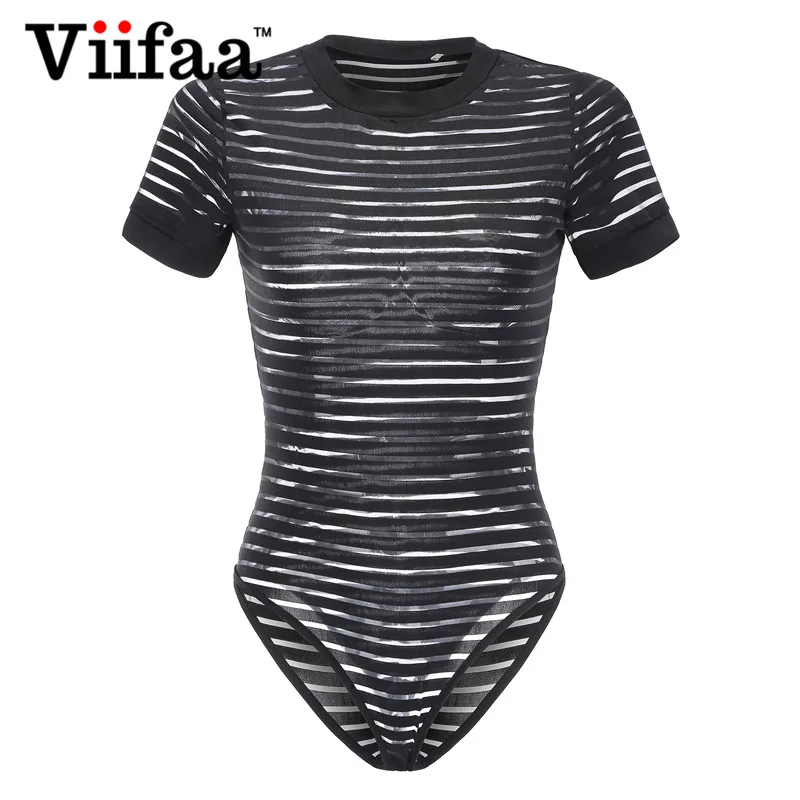 Viifaa Sexy Black Bodysuit Women See Through Mesh Striped Jumpsuit Short Sleeve Body Femme Romper Summer Bodysuits Viifaa Sexy Black Bodysuit Women See Through Mesh Striped Jumpsuit Short Sleeve Body Femme Romper Summer Bodysuits
