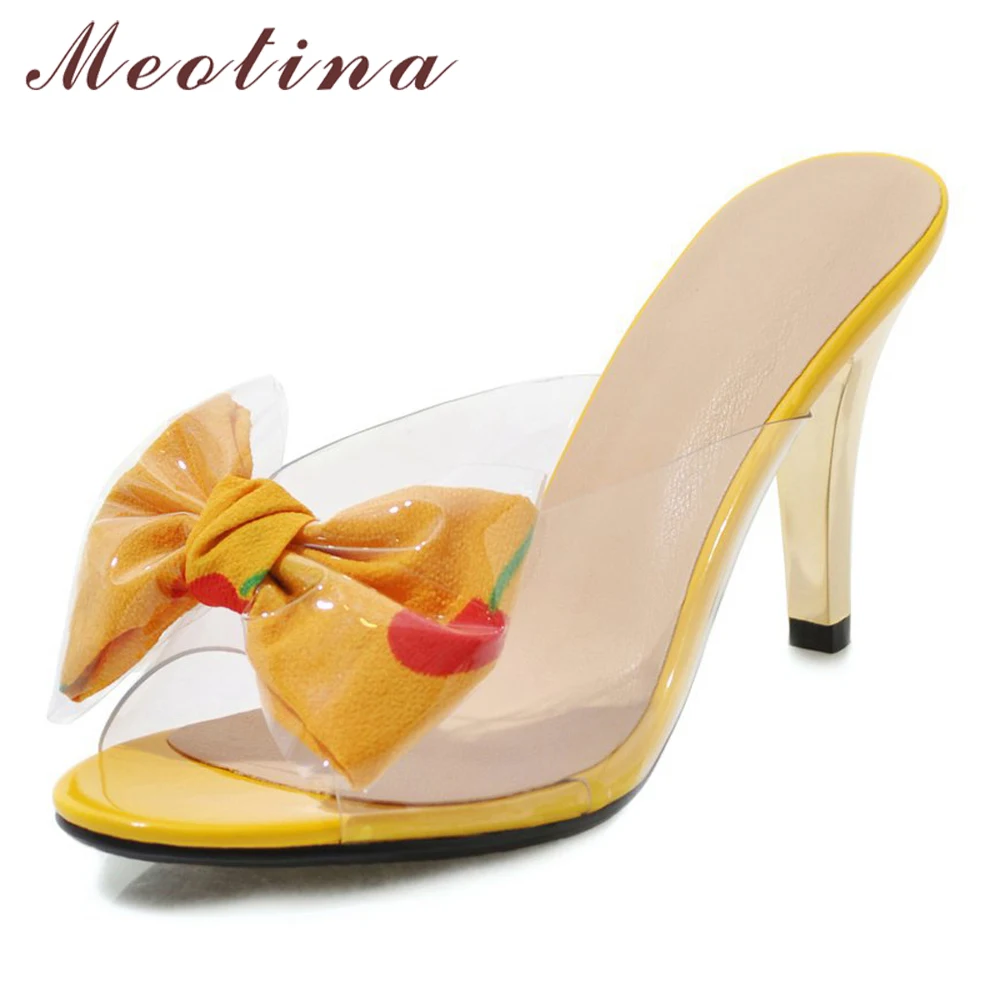 

Meotina Women Shoes Summer Slippers Bow Thin Heel Shoes Transparent Super High Heel Sandals Female Slides Blue Plus Size 33-46