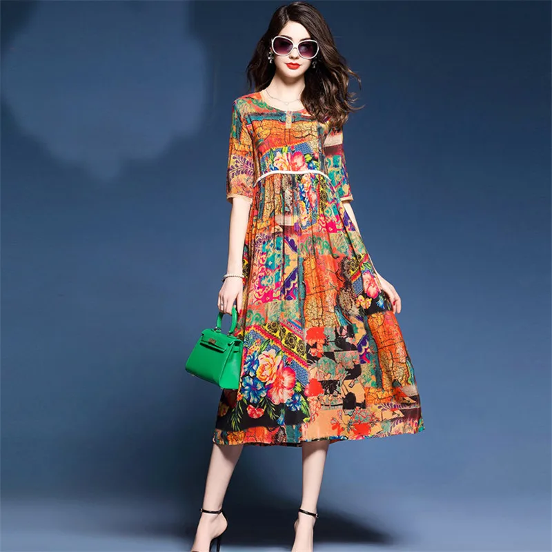 Женское платье с принтом National wind весенне летнее высокой талией QZ035 2019|fashion women