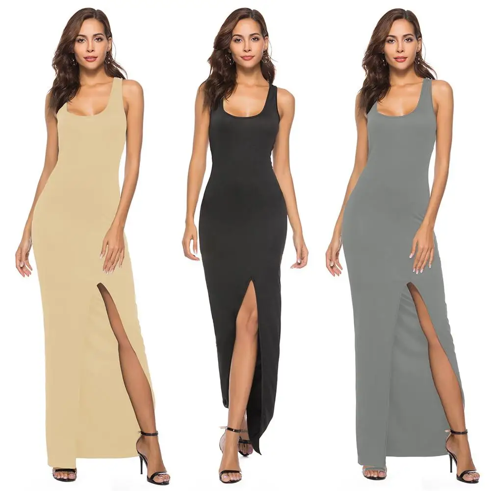 

New Design Summer Women Vest Dress Elegant Sexy Slit Tight Party Solid Color High Stretch Robe Dress