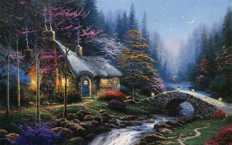 Freies Verschiffen Neue Ankunft Thomas Kinkade Reproduktion Leinwand Drucke Nacht Cottage Von Fluss Landschaft Malerei Landscape Painting Thomas Kinkade Reproductionthomas Kinkade Aliexpress