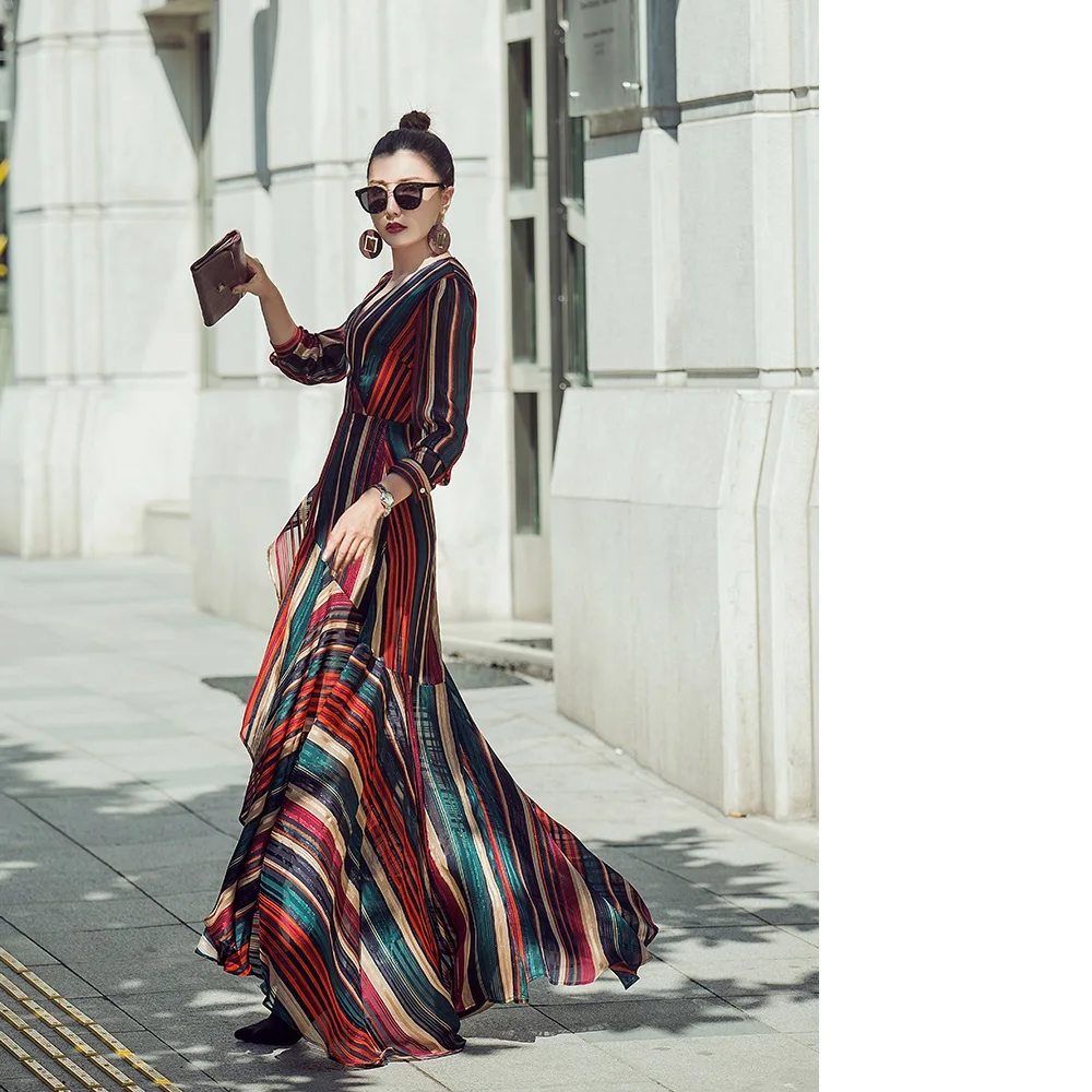 2018 Autumn Casual Long Dress Women V-Neck Cute Rainbow Color Striped Print Asymmetrical Long Sleeve Maxi Dress Lady Streetwear Dresses
