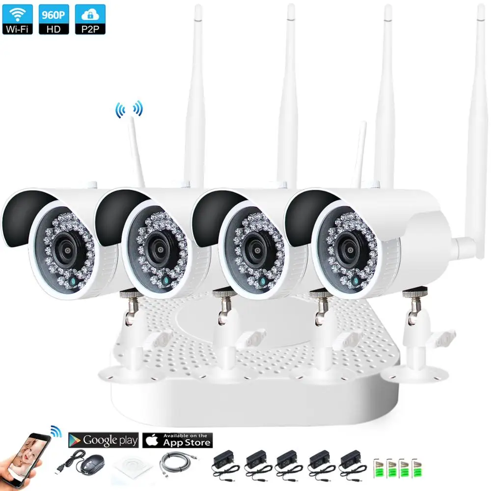 Plug and Play 4CH 1080P HD Wireless NVR Kit P2P 960P Indoor Outdoor IR