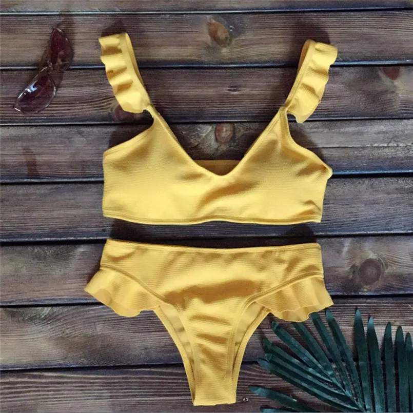 

Women's flat waist-wood ear pure color suit off-shoulder Push-Up Padded Bra High Waist sexy fashion Beachwear Set 40fb18