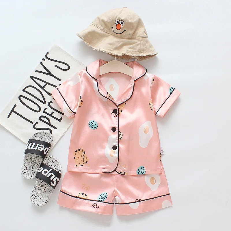 Pink soft polyester ice silk cool baby girls summer pajamas set |