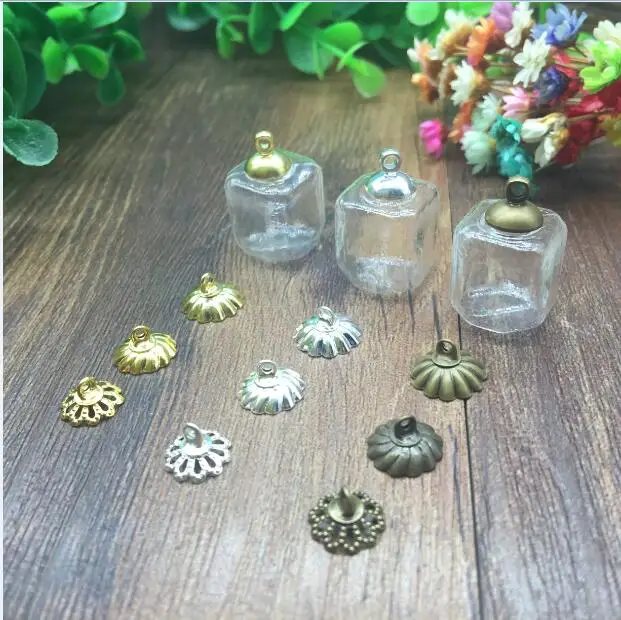 

100sets/lot 15mm squares Glass Bubble with cap set jewelry finidings supplies handmade glass vial pendant glass pendant
