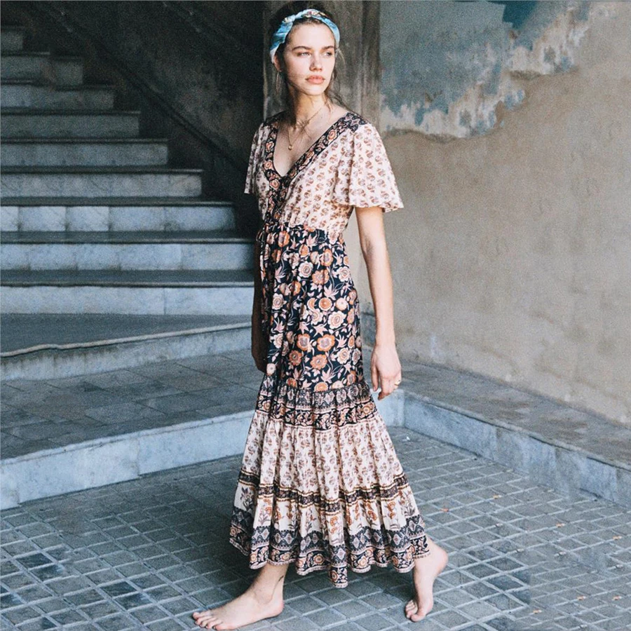 TEELYNN BOHO платье для женщин с цветочным принтом платья v ncek пляжная одежда летние