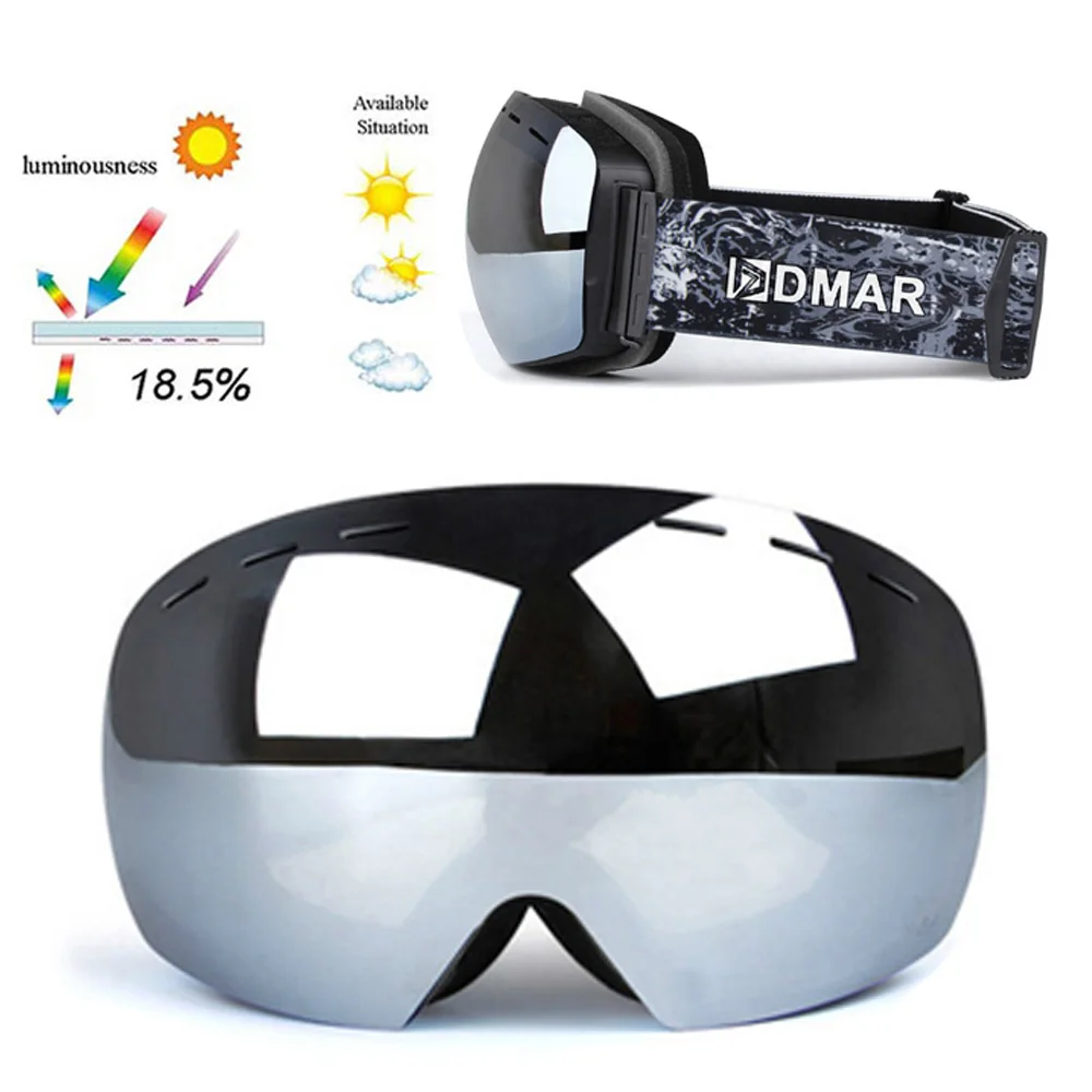 DMAR ski goggles spherical anti-fog Protection double layers keep warm big lenses glasses men women snow goggles skating - Цвет: Silver