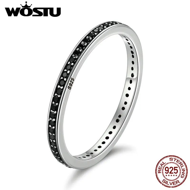 

WOSTU Authentic 925 Sterling Silver Finger Stackable Rings With Black CZ For Women Fashion Jewelry Fine Gift FIR114