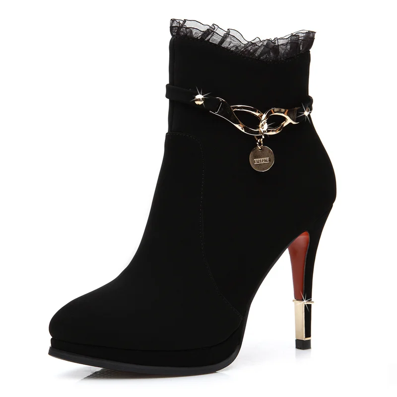 

2019 booties autumn and winter new lace stiletto fashion women's boots high-heeled shoes pointed waterproof platform large size