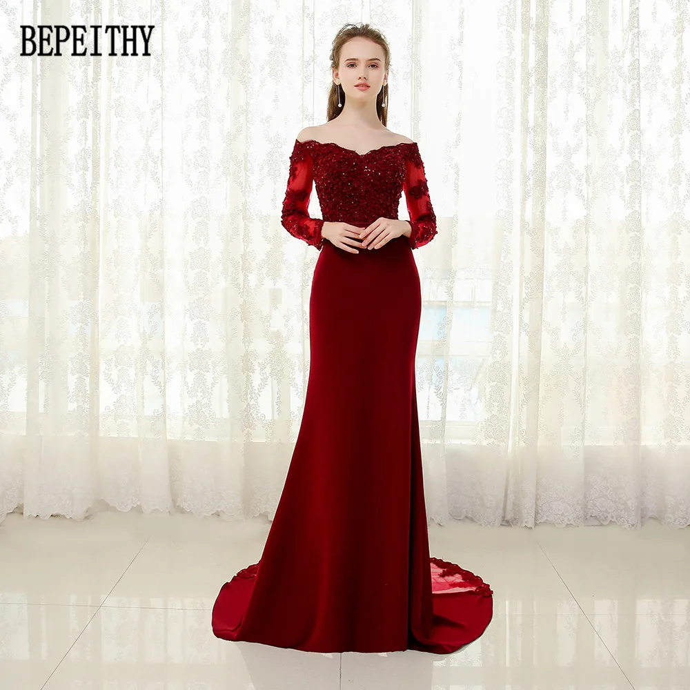 Vestido de festa Новое поступление бургундское платье для выпускного вечера с аппликацией из бисера Русалка с длинным рукавом створки вечерние платья