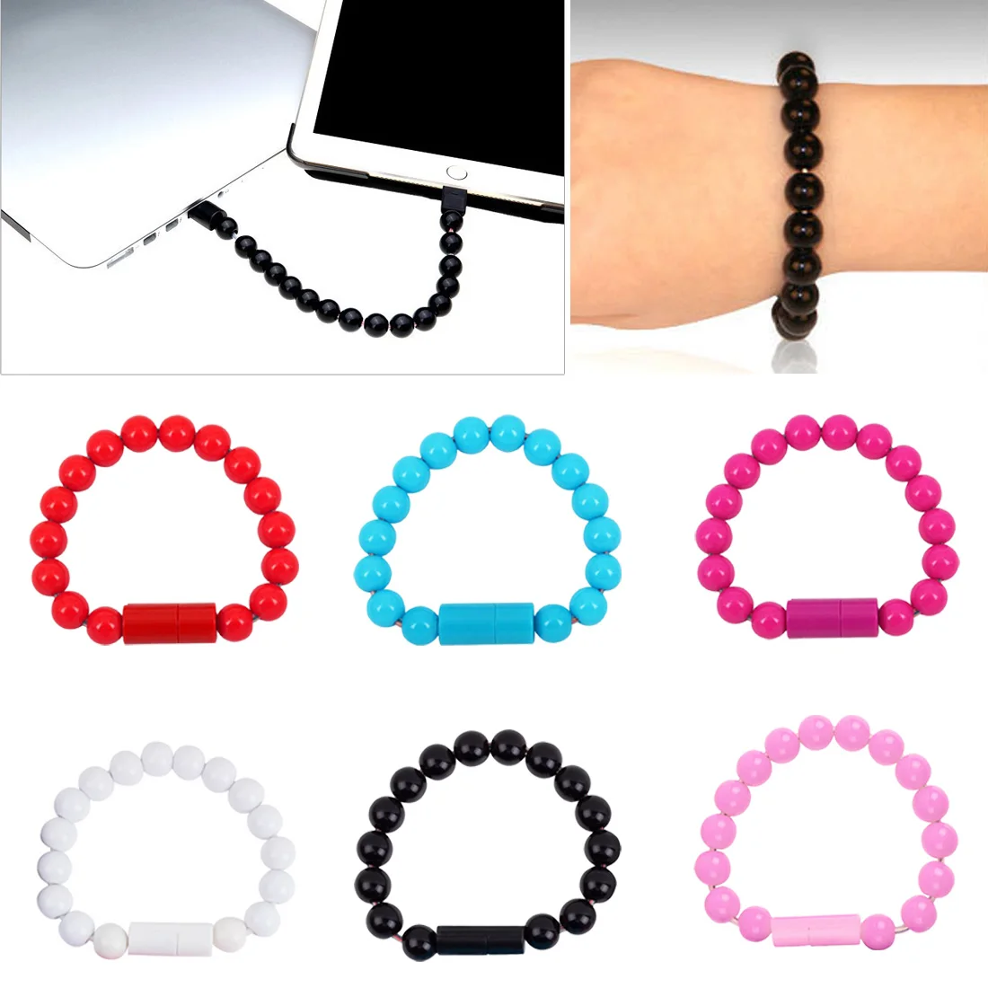 Mini Wearable USB Charging Bracelet Beads Charging Cable Portable USB